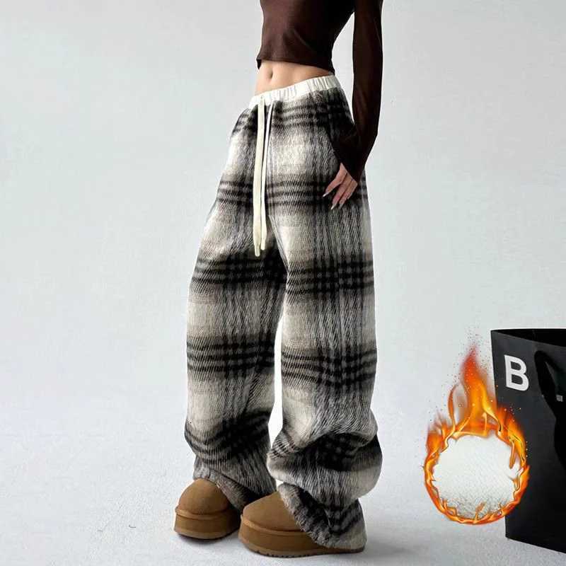 Plus Fleece Vintage American Style Plaid Wide Leg Women Winter High Waist Loose Casual Straight Cootrast Color Allmatch PantsT251025