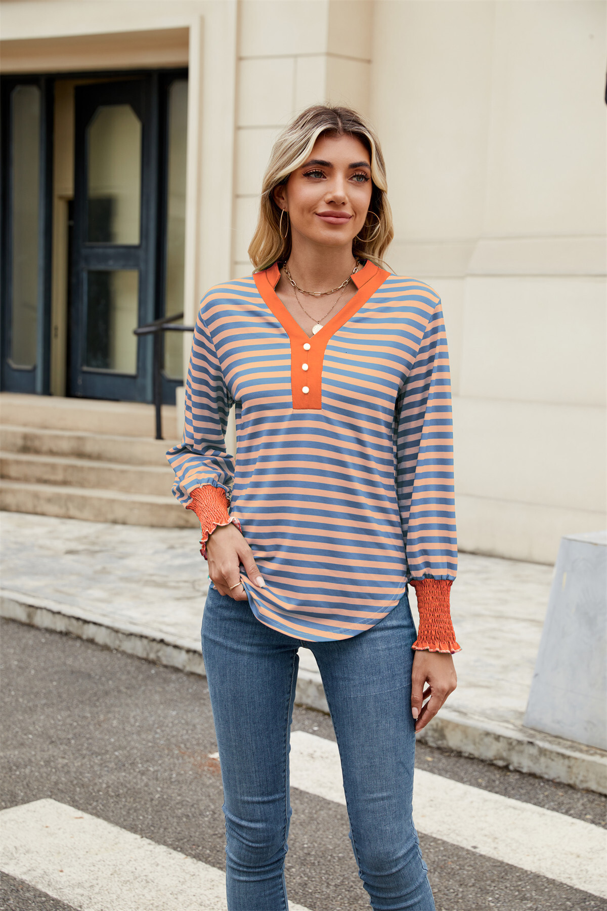 2025 Autumn and Winter New Knitted Sweater Long Sleeve Fashion Striped TShirt VNeck Top