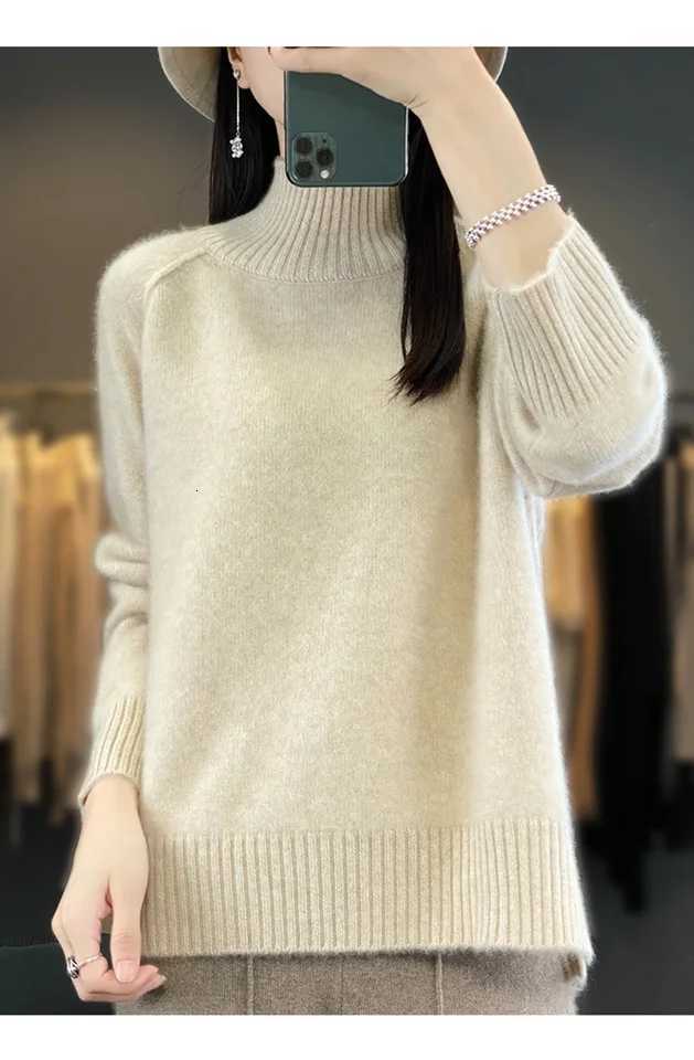 Womens HighNecked Cashmere Sweater 100 Soft Wool Thickened Lazy Raglan Sweater with Slit for Autumn Winter Comfortable Waxy WT251025