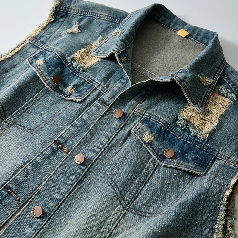 Blue Mens Ripped Sleeveless Denim Jacket Single Breasted Loose Vintage Old Vest Coat 2025 251017
