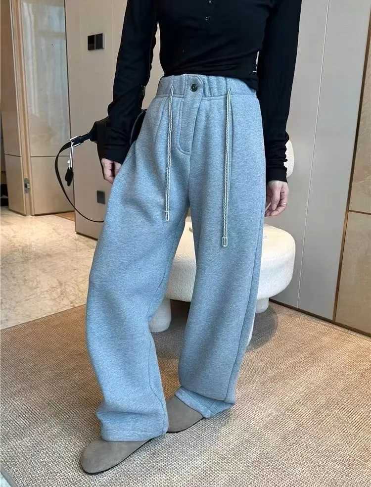 Velvet Wideleg Pants Women Highwaisted Drawstring Loose Casual Thicken Warm Sweatpants Solid Yellow Winter Womens TrousersT251025