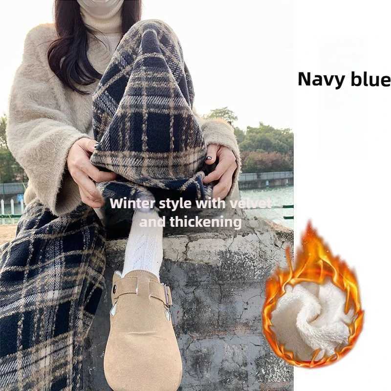 Fleecing Wide Leg Pants Women Winter Thick Plaid Straightleg Floorlength Trousers Fashion Warm Wool Casual Thickened TrousersT251025