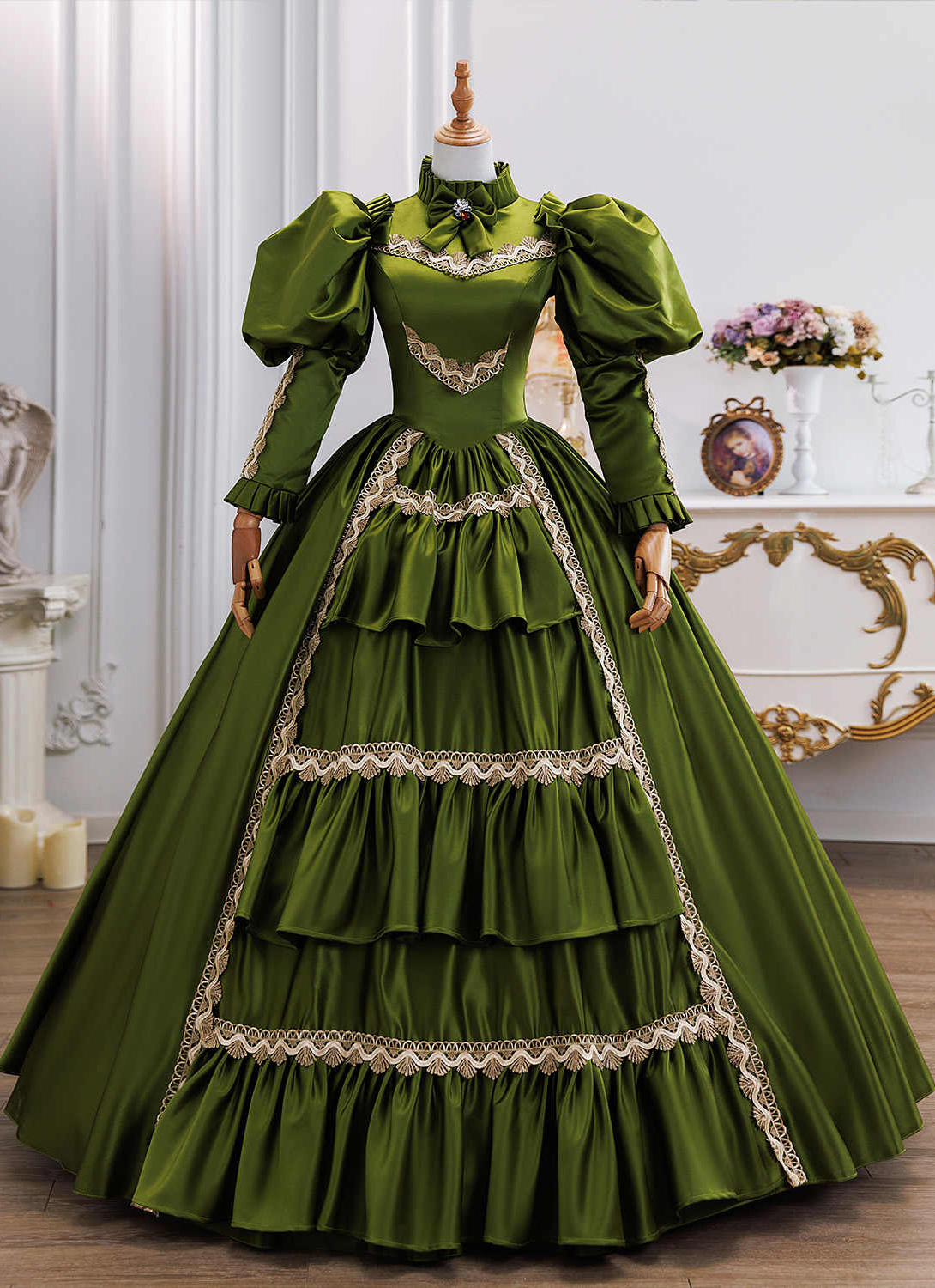 Vintage Victorian Green Prom Dresses Ruffles Floor Length High Collar Long Sleeves Celebrity Dress Historical Renaissance Women Costume 2026 Evening G