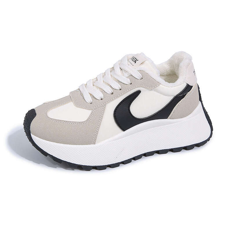 New Autumn Women's Shoes Thick Sole Fleece Lined Student Height Increasing Casual Patchwork Sneakers Trendy Sports Winter Cotton Shoes Warm