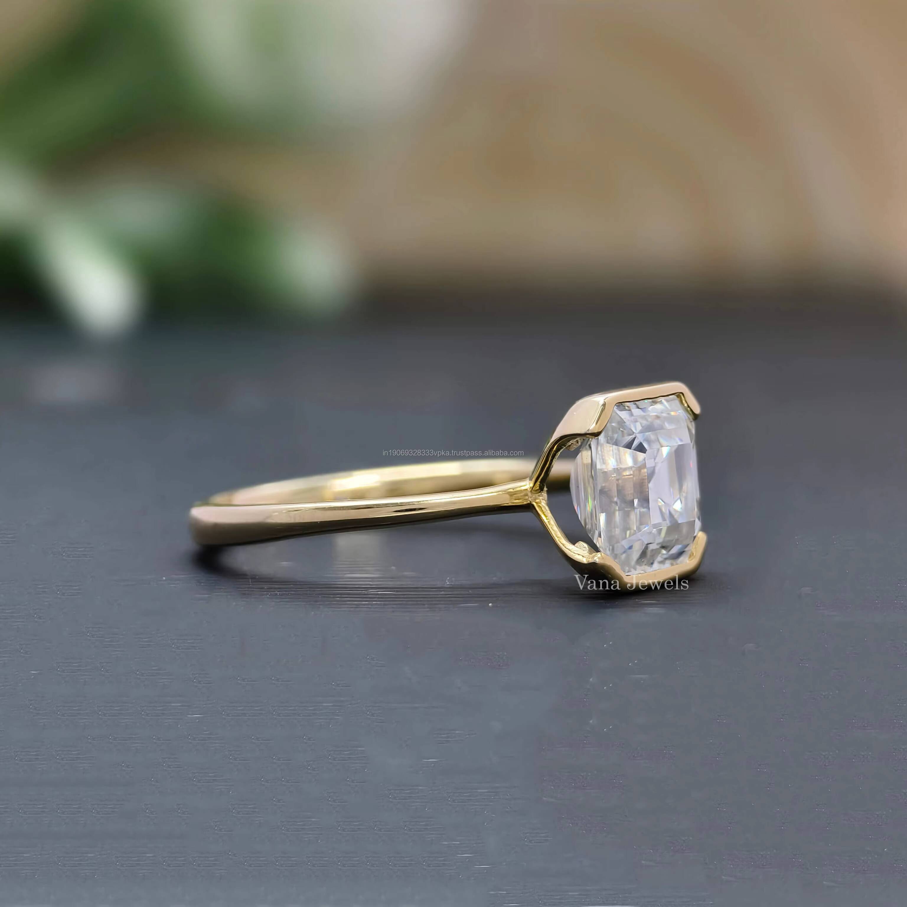 Asscher Cut Moissanite Solitaire Engagement Ring in 14K Solid Yellow Gold with Half Bezel Setting wedding or anniversary gift