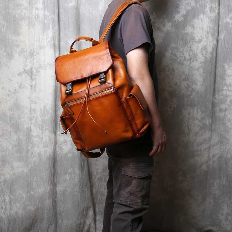 Solid Color Highcapacity Tree Cream Genuine Leather Backpack With Simple Drawstring Top Layer Cowhide 15 Inch Computer Bag W251025