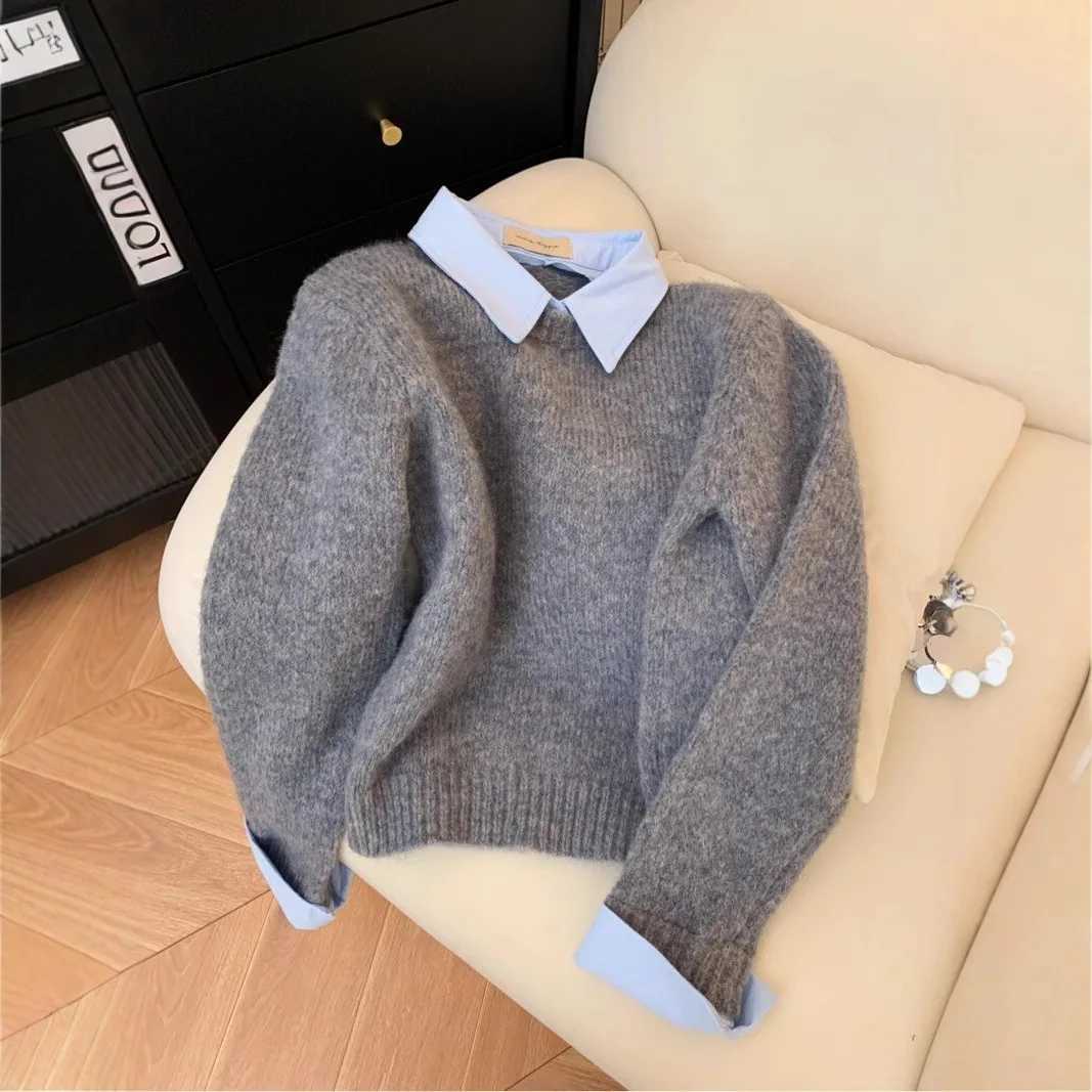 Fake Two Shirts Collar Sweater Womens Autumn Outfit New Lazy Linterior Contrasting Color Gray Knit Sweater Top With Flip CollarT251025