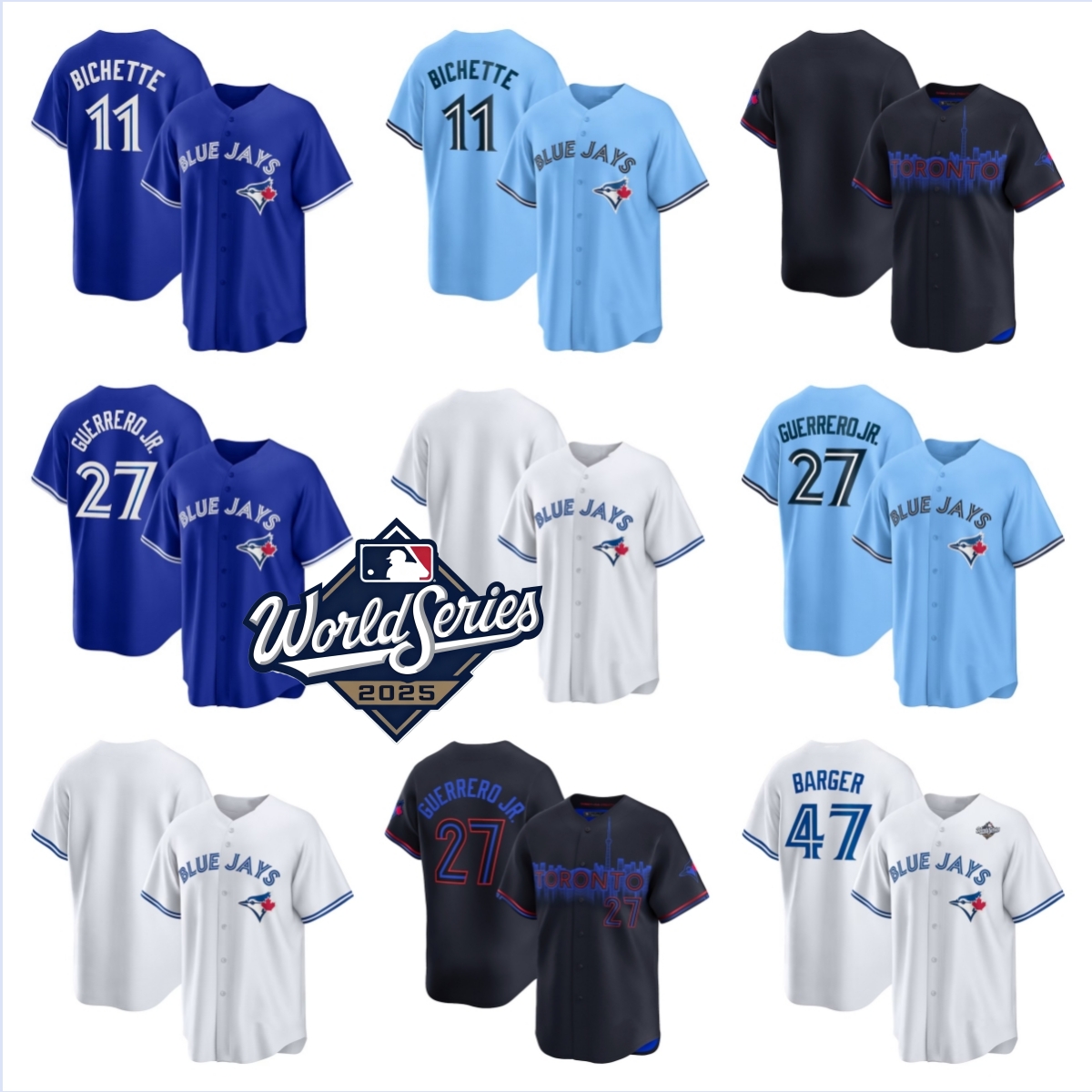 MLB 2025 World Series Baseball Toronto Blue''Jays''Jersey Joe Carter 27 Vladimir Guerrero Jr. 11 Bo Bichette 4 George Springer 30 Kirk 39 Trey Yesavage Daulton Varsho