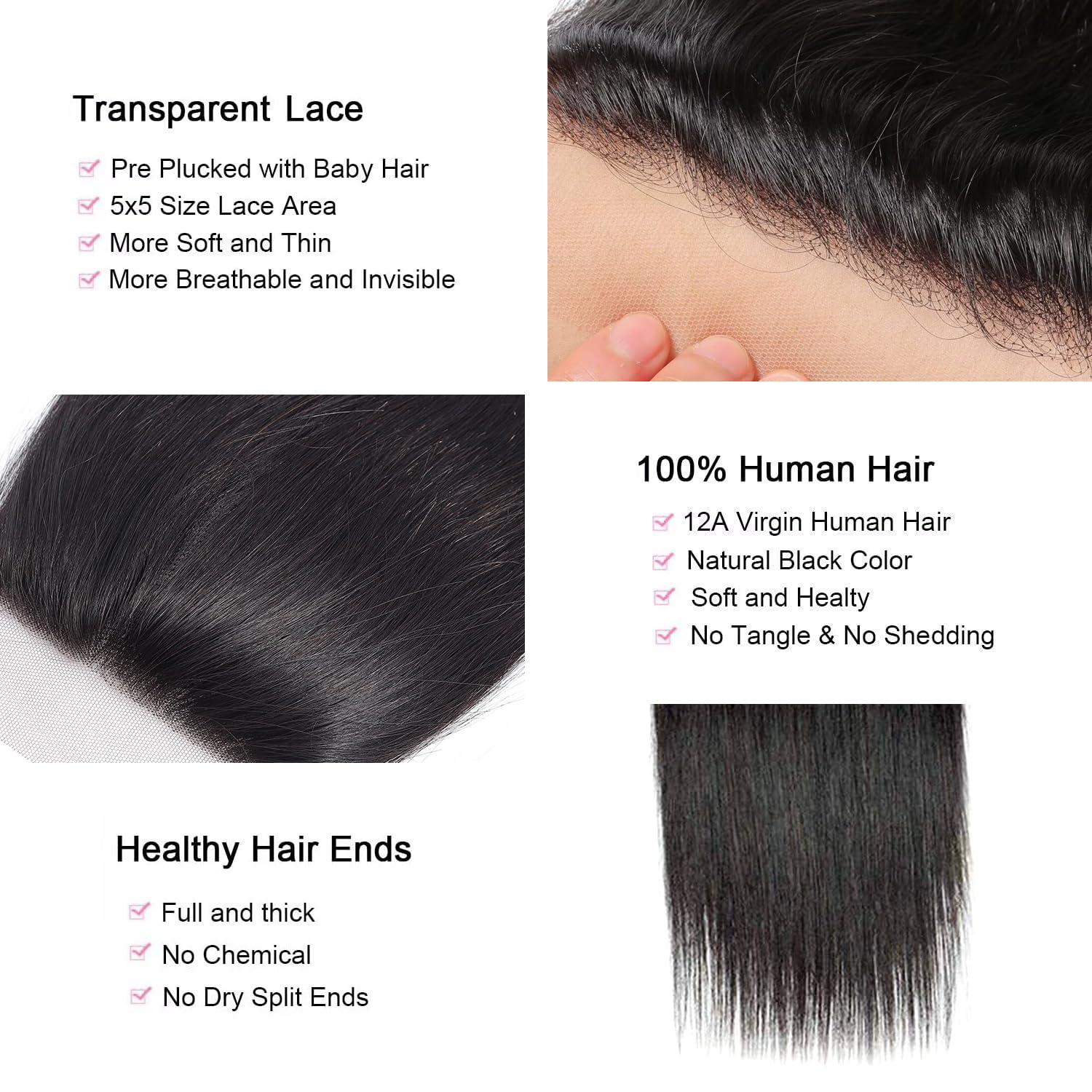 5x5 Transparent Lace Closure Silky Straight Virgin Remy Human Hair 10-20 Inch Pre Plucked Natural Black Invisible Lace Glueless Install