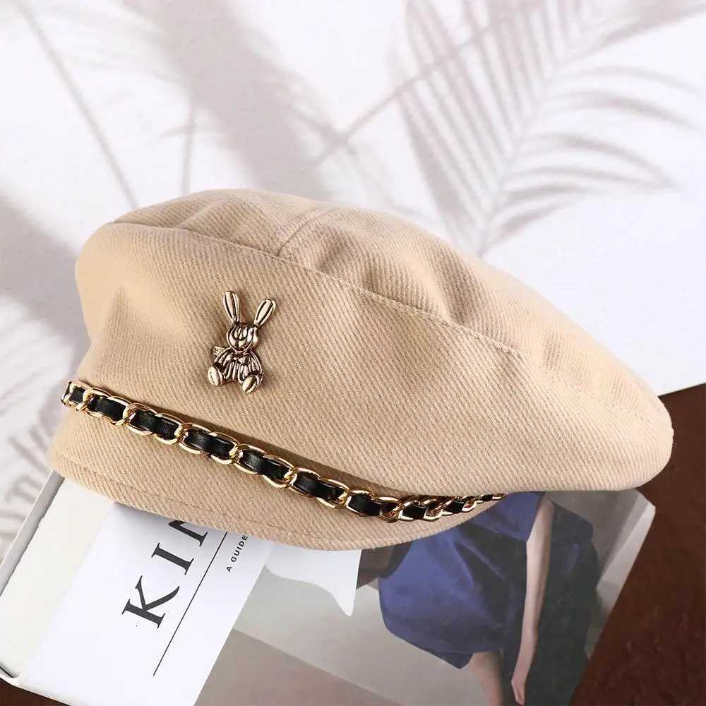 Gift Metal Chain Girl Beanie Hat Windproof Rabbit Pattern Korean Style Hat Winter Autumn Beret Wen Beret Fashion Painter Hat Y251025