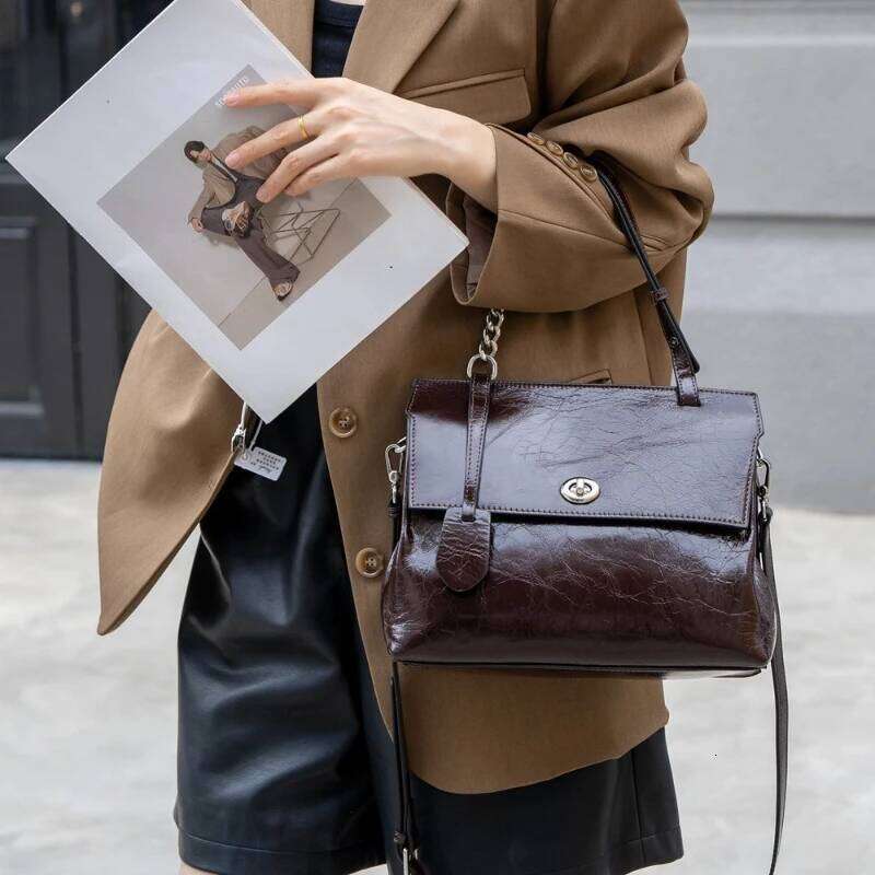 Business Elegant Women Shoulder Tote Office Large Genuine Leather Turn-Lock Flap Cover Square Minimalist Messenger Bag Suotong1025