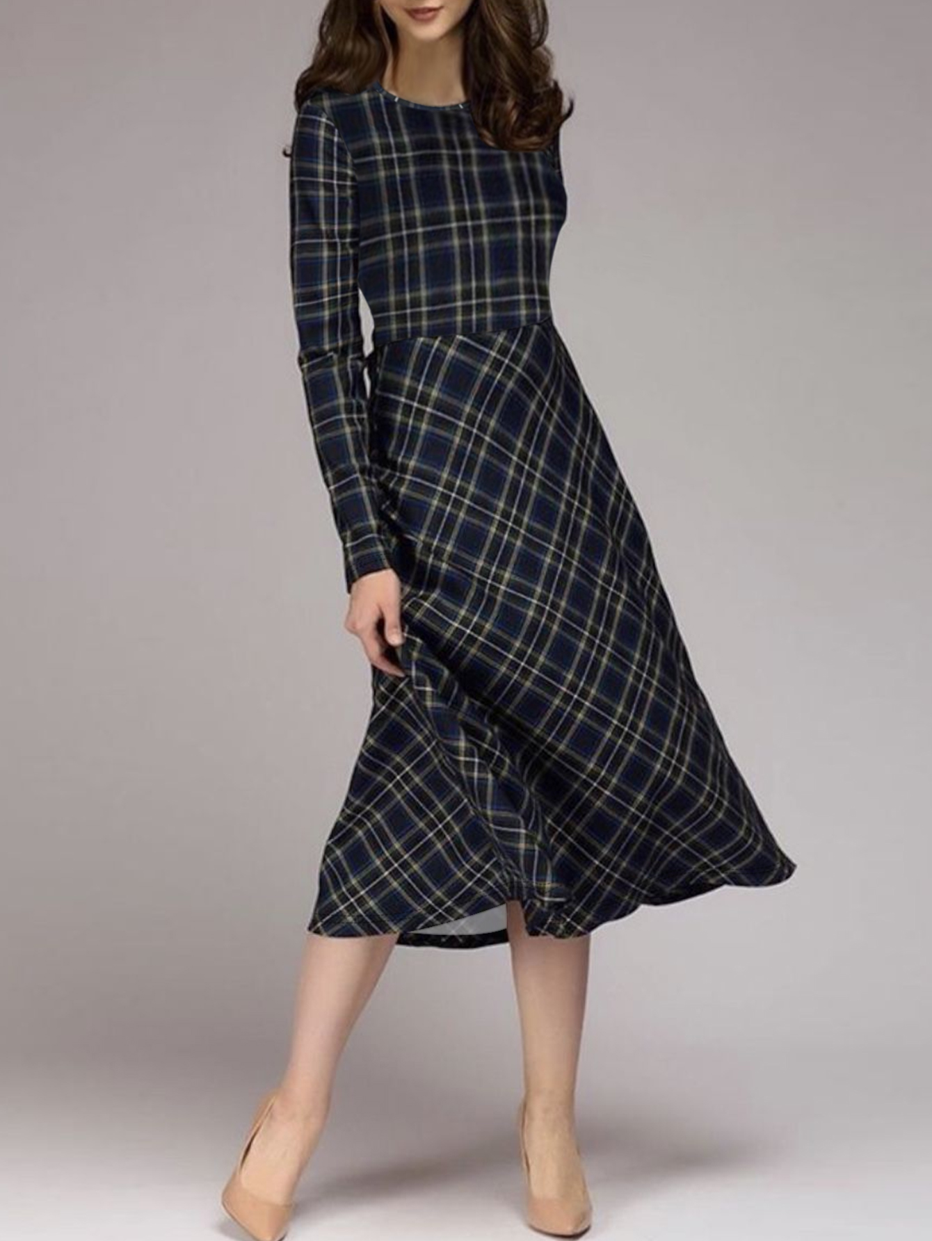 Autumn Winter Women's Fashion Plaid Printed Versatile Commute Style Office Lady Work & Party Midi Dress, Milk Silk Sea Blue Dress, S-XXL---CF5536