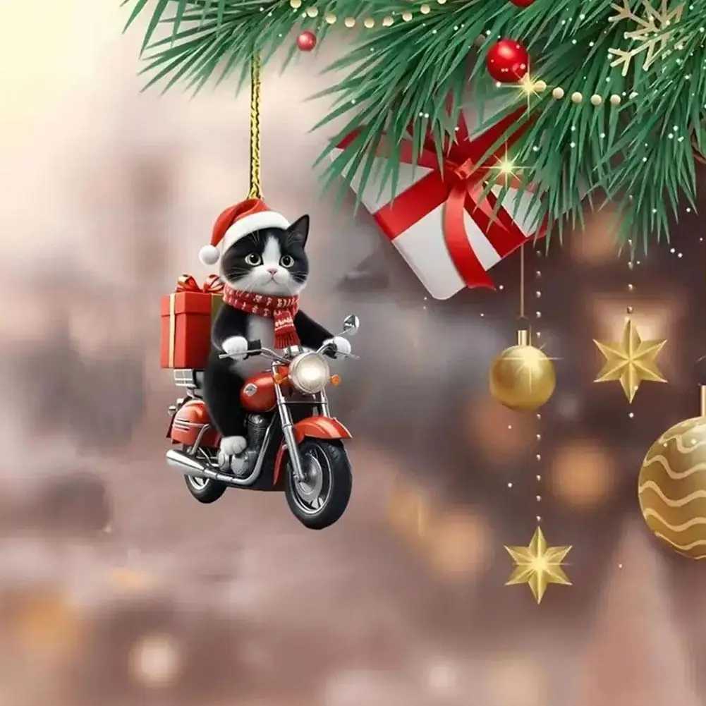 Motorcycle Cat Acrylic Hanging Decoration Christmas Tree Car 2D Flat Riding Kitten Hanging Ornament Cartoon Pendant For Christma C251024