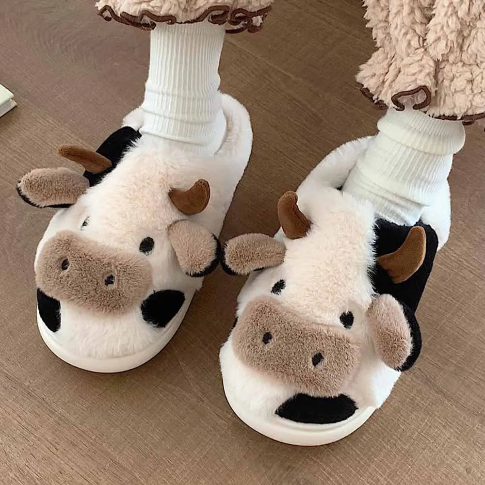 Shevalues Plush Cartoon Milk Cow Slippers Winter Women Slippers Furry NonSlips Women Cotton Slides Couples Soft Cozy Flat Shoes251020