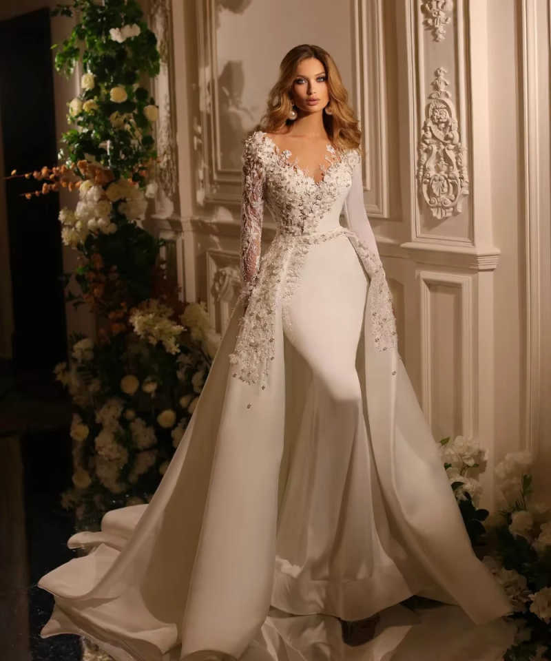Customized V Neck Mermaid Wedding Dresses Long sleeve Pearls Embroidery Detachable Overskirts Vestido De Novia