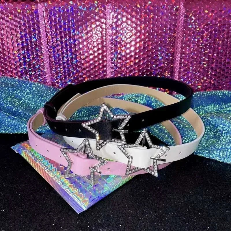 Y2K Star Buckle Belt Pink Leather Elastic Binding Embellished Waistband Sparkling Rhinestone Retro Bride Decoration Accessories 251024