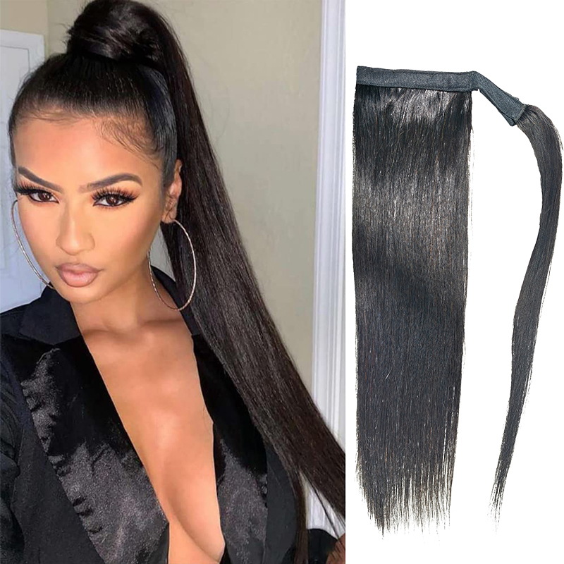 Ponytail Human Hair Natural Black 100% Remy Hair Ponytail Long Straight Wrap Around Ponytail Clip in Hair One Piece Hairpiece for Women