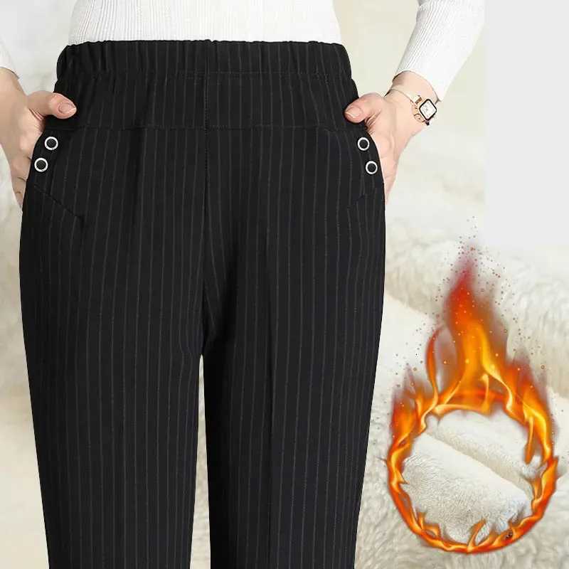 Moms Winter Thicken Striped Straight Pants Elegnt Plus Velvet Pantalones Warm High Waist Office Lady Suit Oversize 5xl TrousersT251025