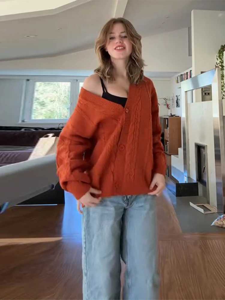 Orange Cable Knitted Womens Sweater Star Embroidery Cardigan Tops Trendy Casual Outerwear Vintage Autumn Tops Woman Casual WearT251025