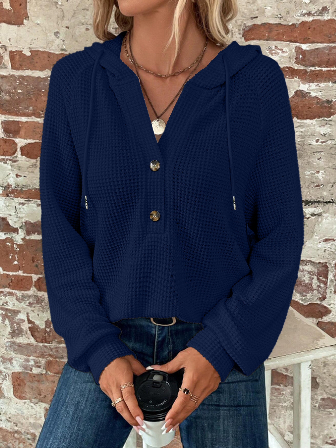 2025 Autumn Winter New Solid Color Hooded Button Loose Long Sleeve Sweatshirt Women's Fashion