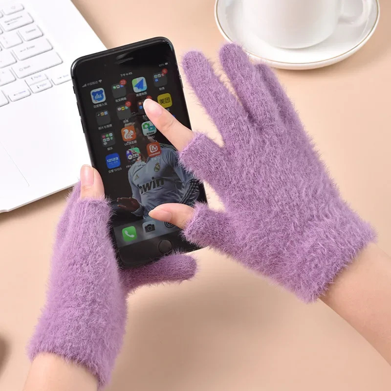 Sweet Mink Wool Short Gloves Women Winter Thicken Knitted Warm Short Fluffy Plush Mittens Fingerless Mobile Touch Screen Gloves 251023