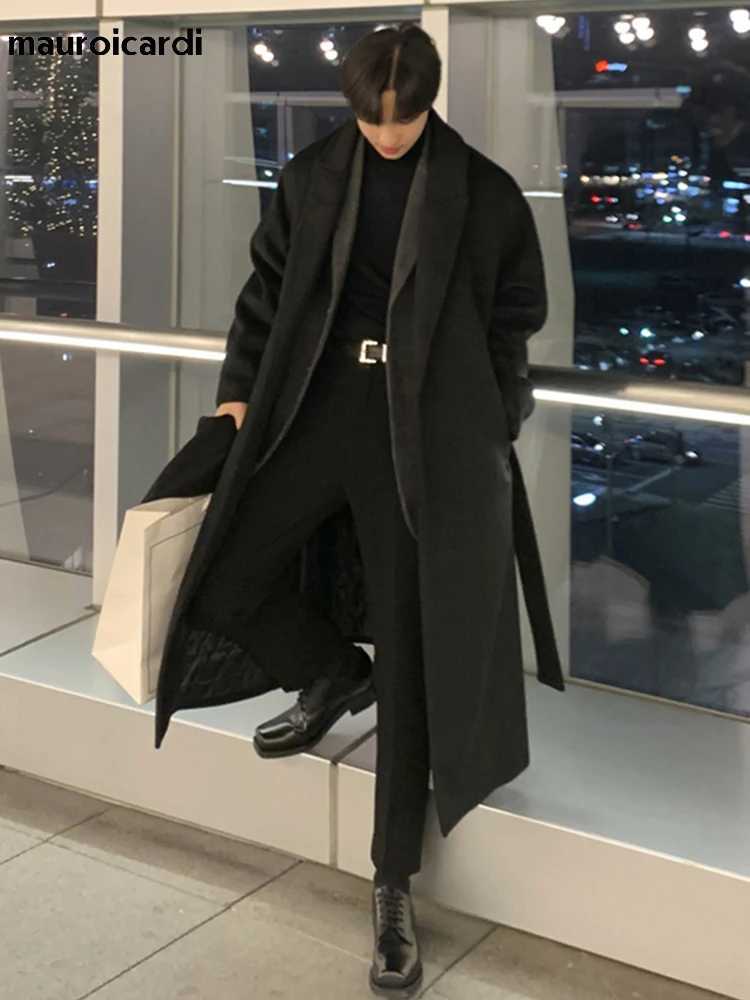 Mauroicardi Autumn Winter Long Loose Casual Black Warm Wool Blends Trench Coat Men Double Breasted Korean FashionT251025