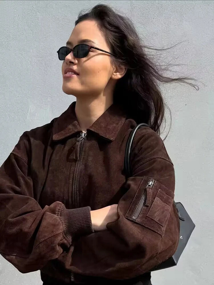 Suede Jacket Women Autumn Winter Long Sleeve Zipper Crop Coat Female High Street Outerwear Vintage Jackets Clothes 251020