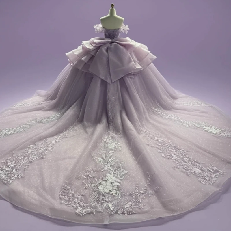 Light Lilac Quinceanera Dresses Ball Gown Off The Shoulder Applique Lace Beading Crystal Tull Party Birthday Sweet 16 Dress Vestidos 15 de anos