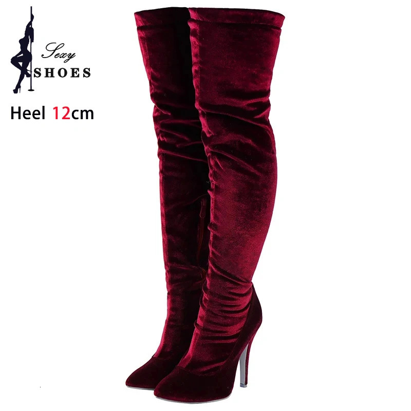 Velvet Long Boots For Women 2024 Spring Autumn Over Knee Shoes Lady Pointed Toe Stiletto Heels Plus Size Elastic Thigh Boots 251023