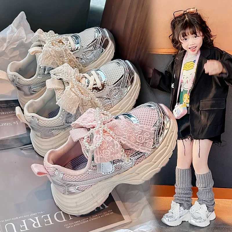 Girls Running Shoes with Sweet Mesh Bow Kids Sports Shoes Breathable 2025 New Fashion Children Sneakers Princess Style CuteT251025