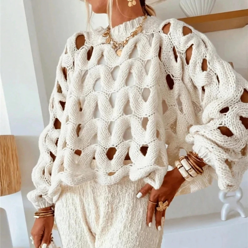 Sexy Hollow Out Long Sleeved Knitted Sweater Summer Beach Oneck Crochet Pullover Casual Solid Color Womens Loose Top Blouses 251021