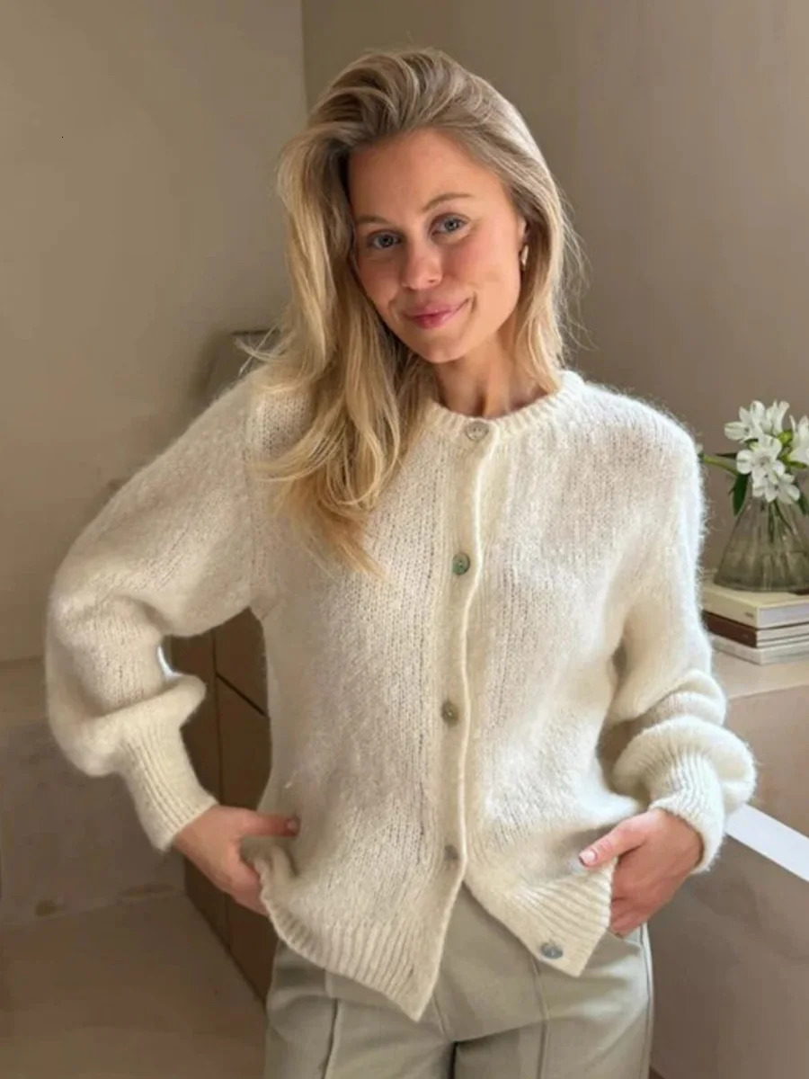 Bornladies Womens Knit Cardigan Long Sleeve ONeck Button Up Loose Fit Soft Mohair Blend Spring Autumn Fashion Sweaters 251013