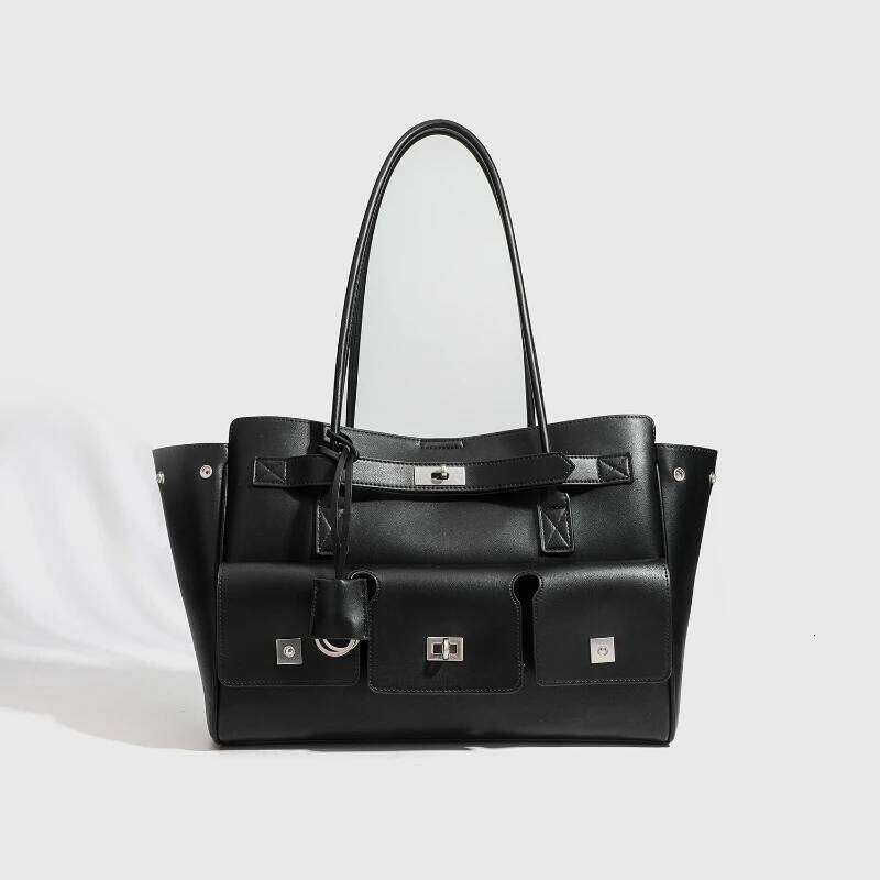 New PU Leather Black Motorcycle Style Tote Bag Women's Large Capacity Crossbody Purse For Commuters Underarm Shoulder Handbag 251025