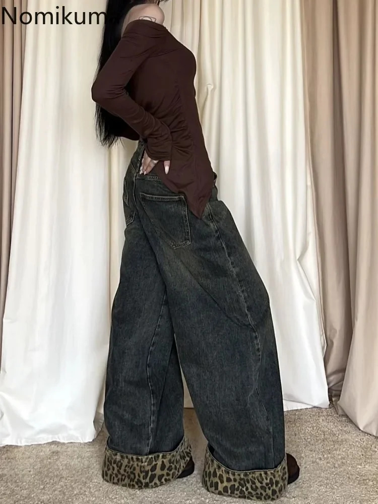 Retro Leopard Print Y2k Jeans for Women Harajuku Wide Leg Pants 2025 Bottoms Denim Trousers Casual Straight Fashion Trousers 251023