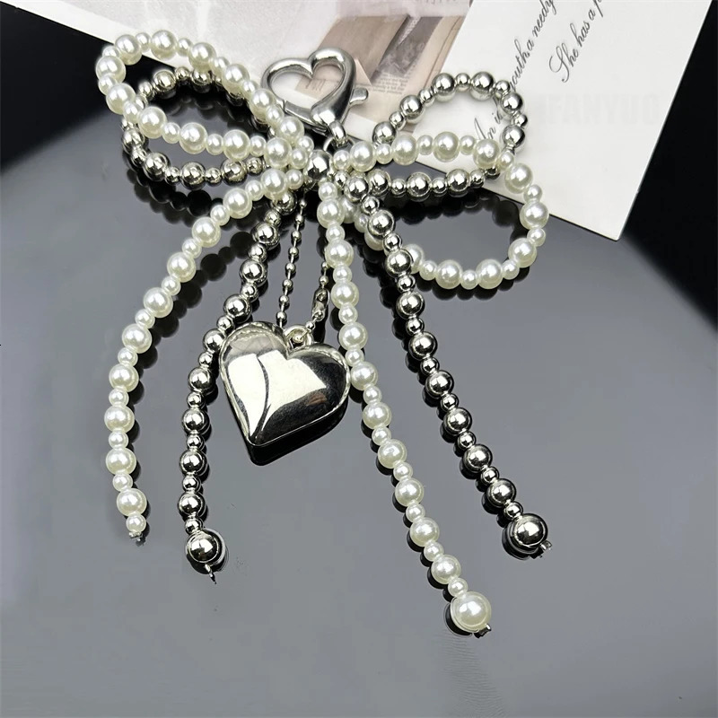 Doublelayer Sweet Lovely Beaded Bowknot Heart Keychain Pendant Hanging Decor Keyring Lanyard Phone Charm Bag Pendant Supplies 251021