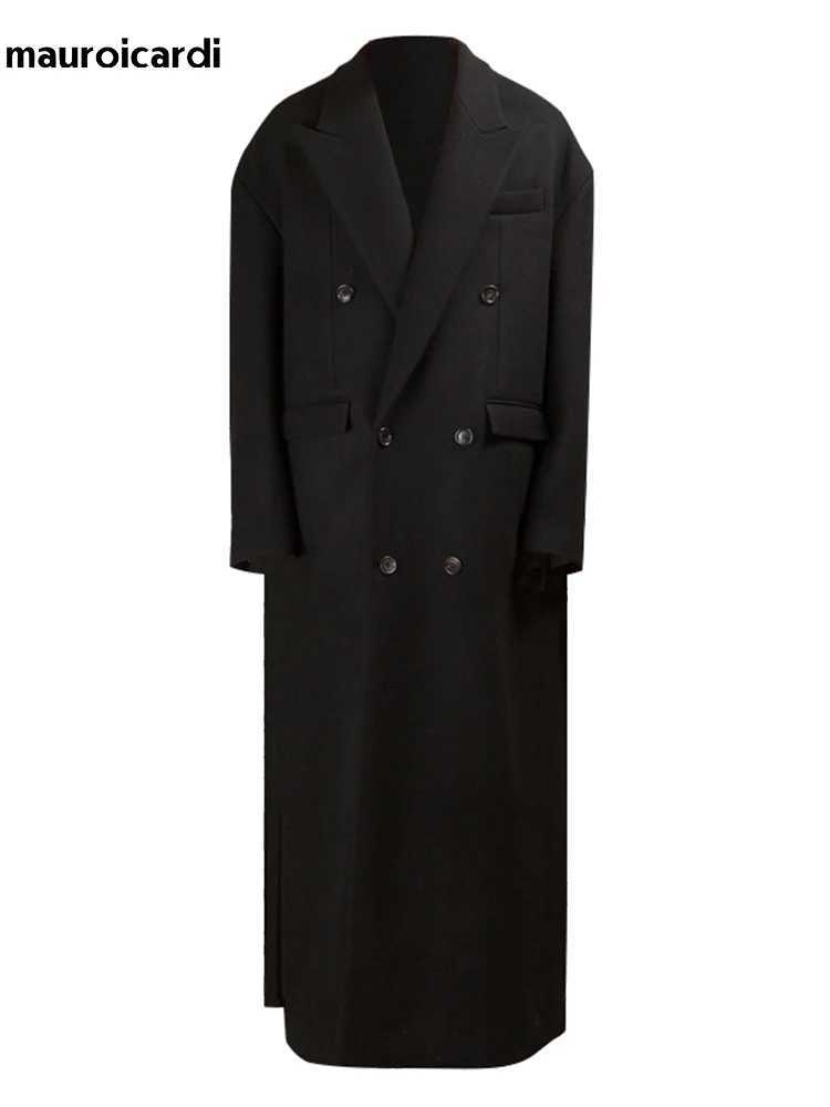 Mauroicardi Autumn Winter Extra Long Black Oversized Thick Warm Soft Wool Blends Coat Men Double Breasted Korean Fashion 2023T251025
