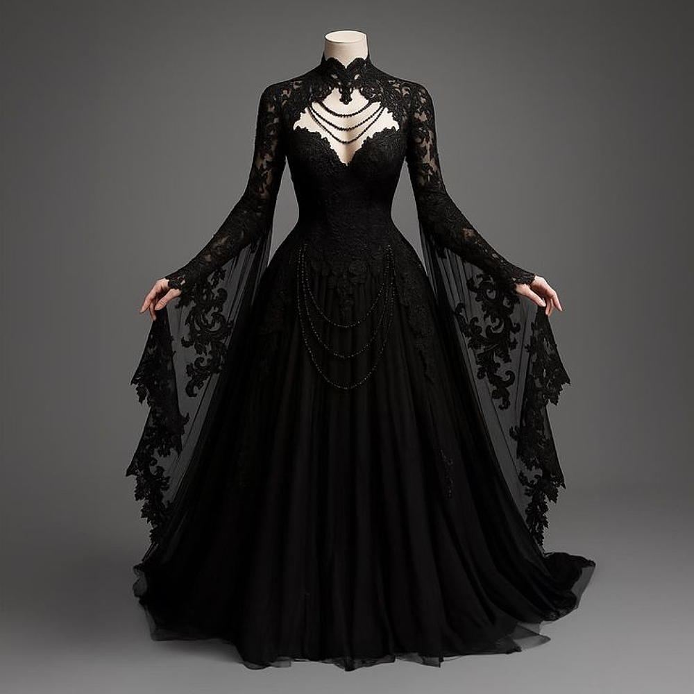 2026 Gothic Black Prom Dresses With Long Flare Sleeves Beading Lace Appliques High Collar Vintage Fantasy Evening Gown Customized