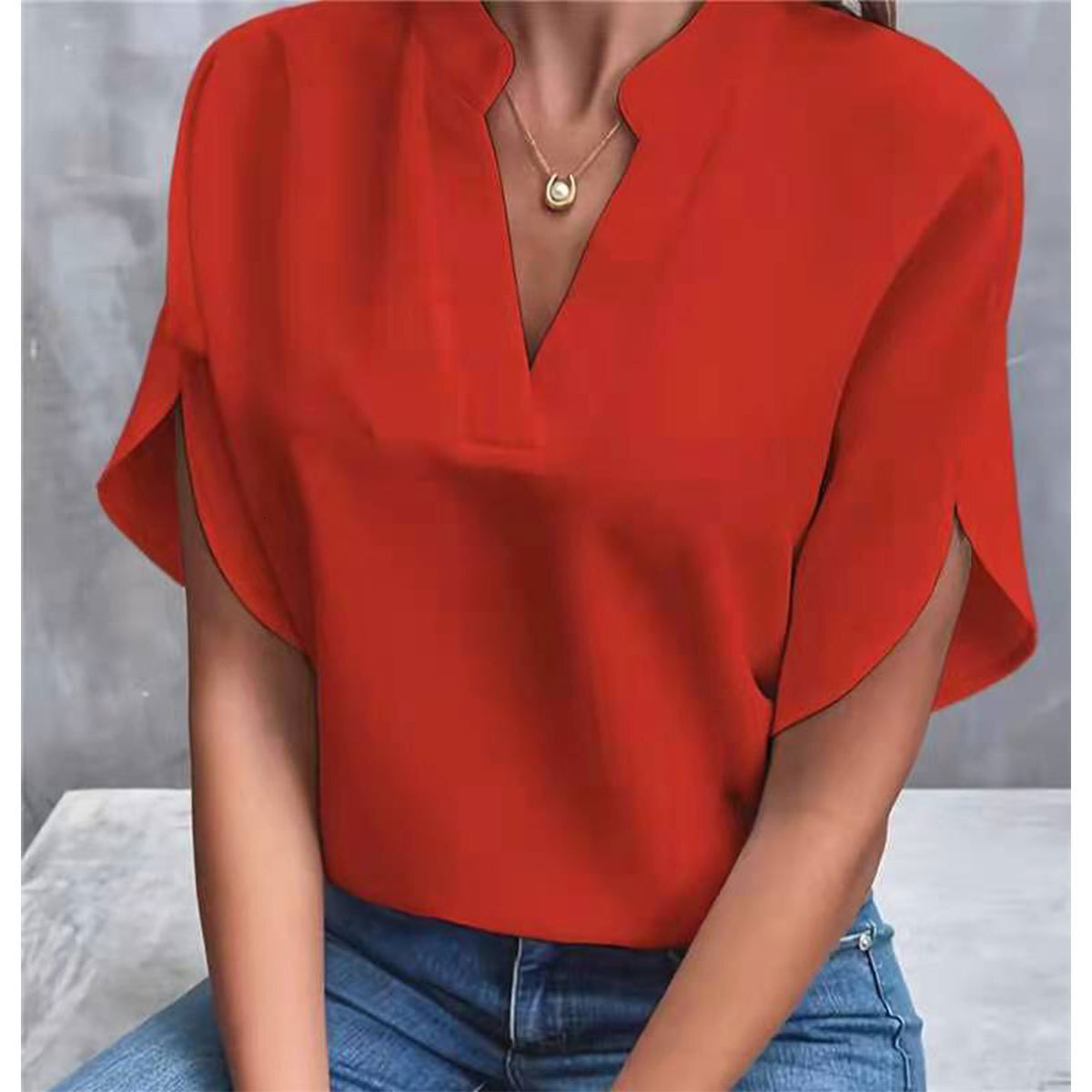 2025 Summer New V-neck Shirt for Women, Solid Color Casual Versatile Short Sleeve Pullover Blouse