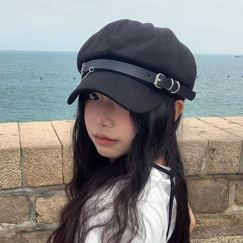 Y2K Gothic Cross Beret Hat Wen Unisex Harajuku Style Cotton Black Metal Decor Punk Rock C Autumn Winter Warm Hats Fashion Y251025