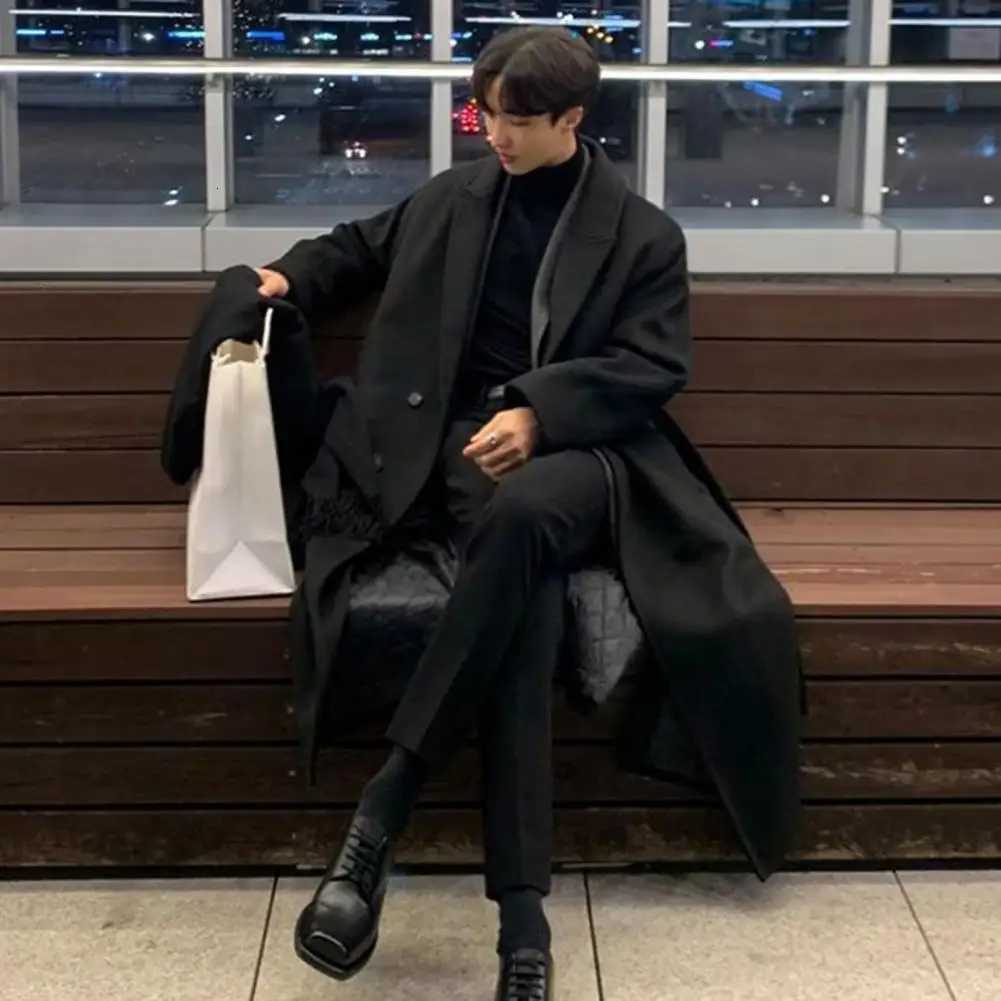 Korean Style Men Woolen Coat Lapel Double Breasted Midlength Woolen Coat 2024 Spring Fashion Trench Coat Windproof Woolen CoatsT251025