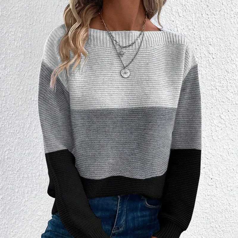 New Autumn Winter Knitted Sweater Womens Contrast Color Splicing Round Neck Long Sleeve Pullover TopT251025