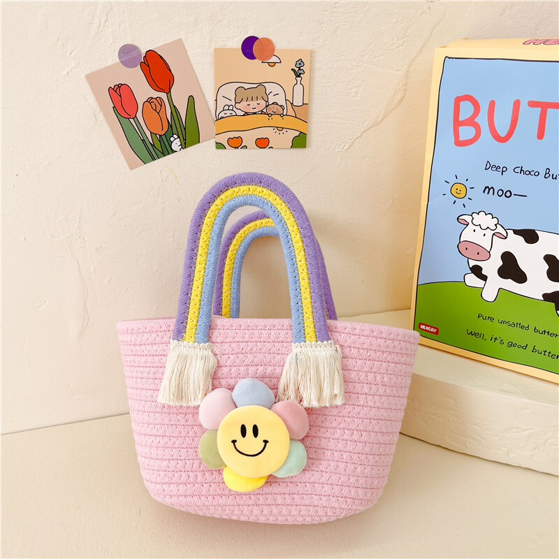 New children's handbag, cotton rope woven girl's bag, gift basket, children's shoulder bag, cartoon sunflower designer rainbow bag