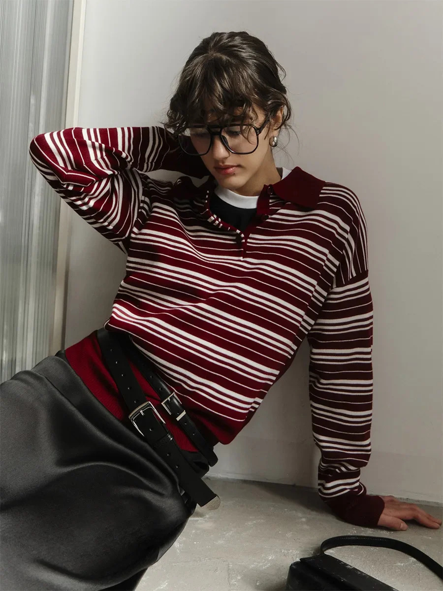Wolfeel Womens Vintage Contrast Striped Knitted Polo Collar T Shirt Spring Summer Long Sleeve Fashion Retro Casual Trend Top 251023