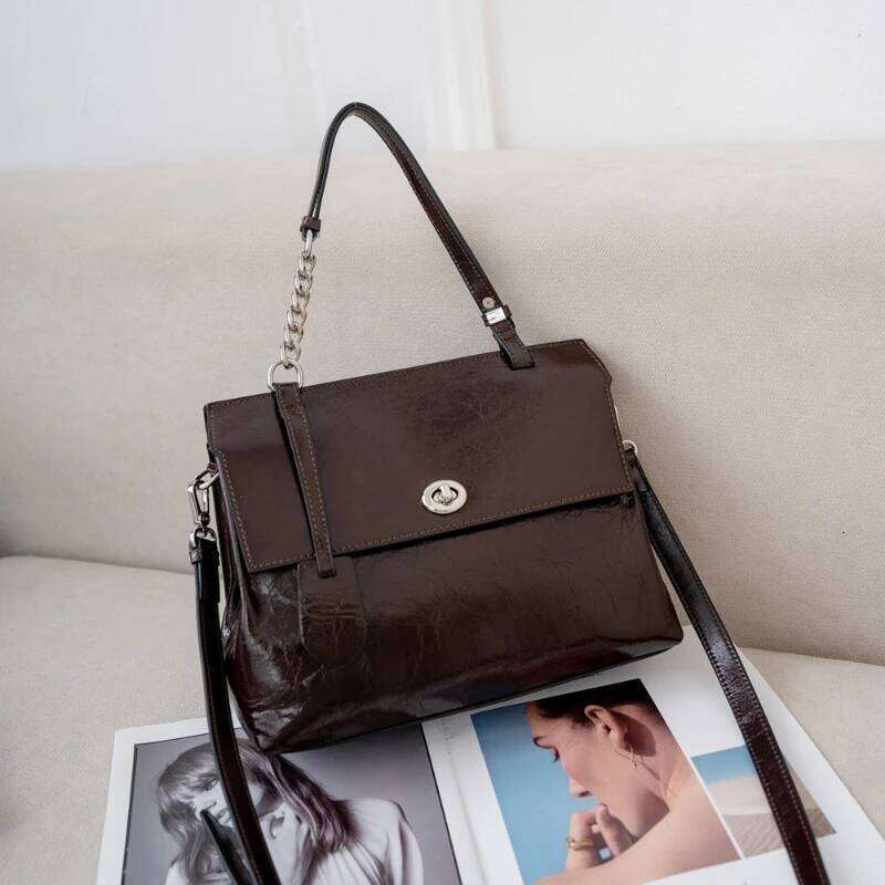 Business Elegant Women Shoulder Tote Office Large Genuine Leather Turn-Lock Flap Cover Square Minimalist Messenger Bag Suotong1025