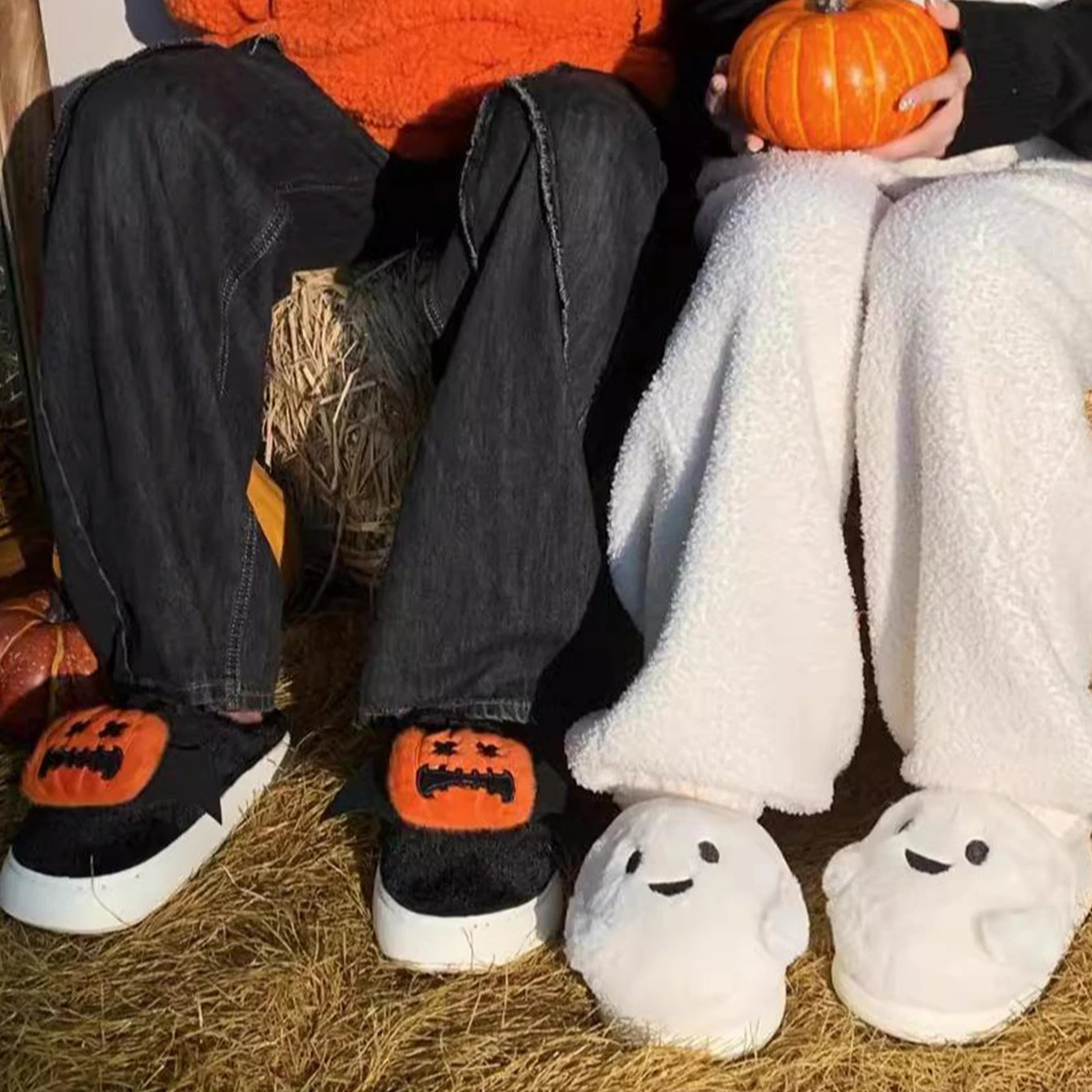 Halloween Ghost Pumpkin Bat Women Winter Slippers Casual Soft Heel Platform Fur Warm Indoor Comfortable Man Home Slippers251020
