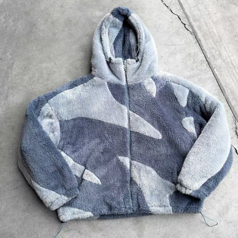 Designer Y2K European and American lambswool splicing cardigan zipper hooded street jacket for men and women