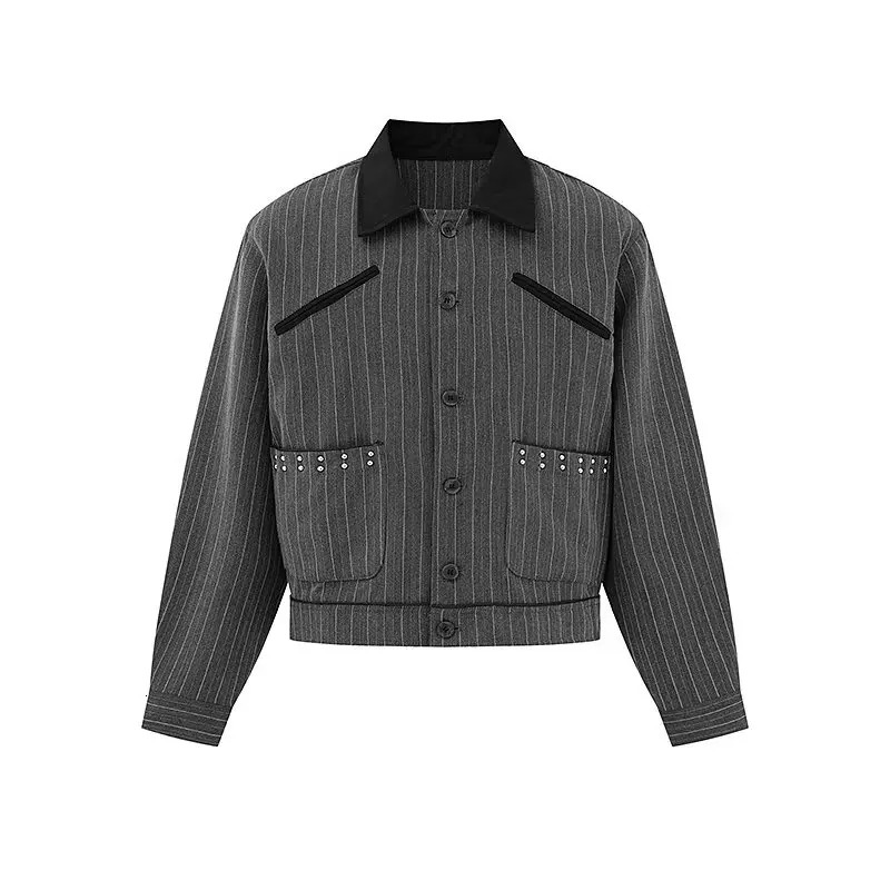 Autumn Jacket Mens Japanese Korean Streetwear Fashion Show Striped Rivet Splice Short Women Coat Couple Spring Outerwear 251015