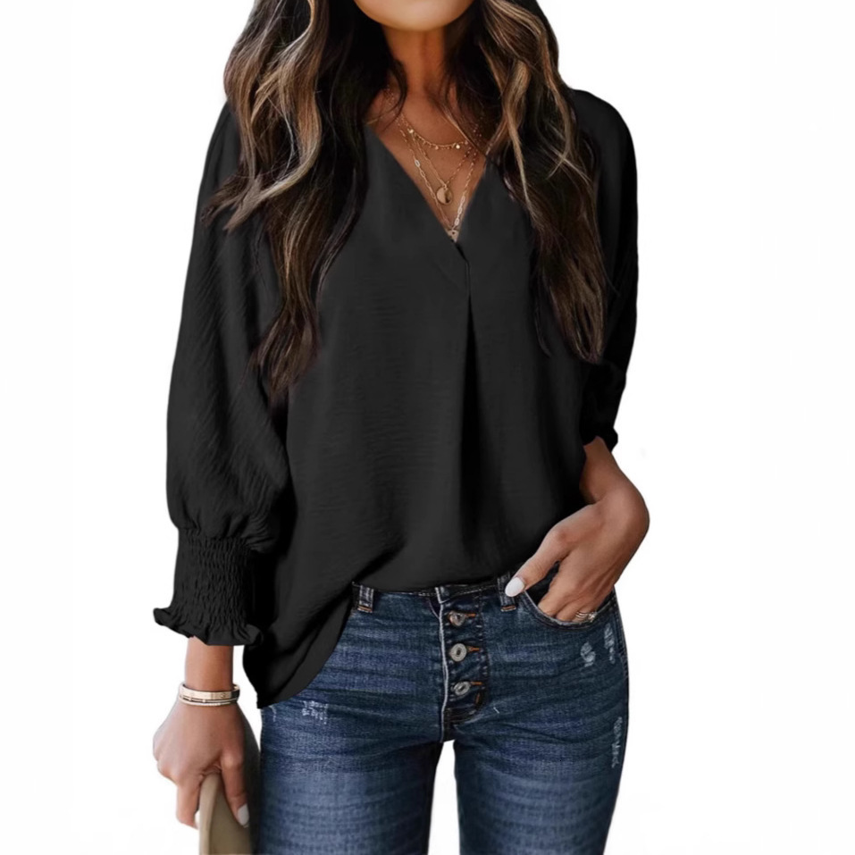 2025 Autumn Winter New Women's V-neck Casual Long Sleeve Loose Shirt Top Blouse T-shirt