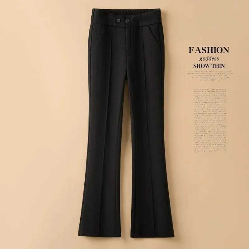 New Autumn Winter Thick Woolen Pants For Women Elastic High Waist Casual Flared Pants Fashion Office Female Wool TrousersT251025