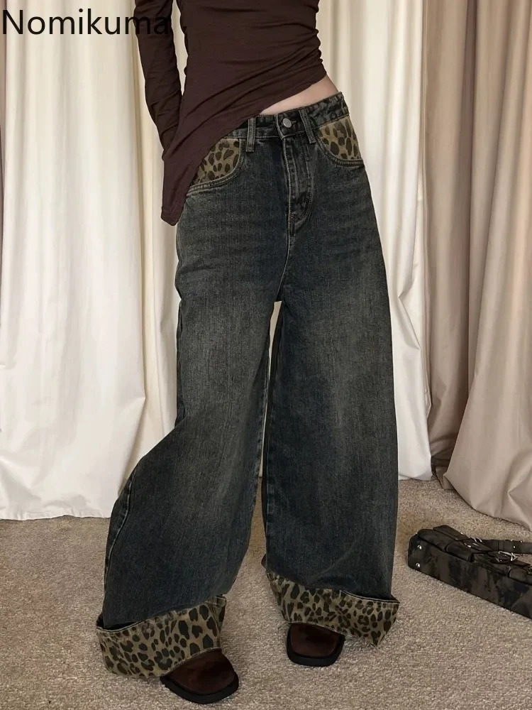 Retro Leopard Print Y2k Jeans for Women Harajuku Wide Leg Pants 2025 Bottoms Denim Trousers Casual Straight Fashion Trousers 251023